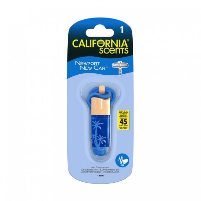 California Scents Hanging Glass Vial Bottle Air Freshener Newport New Car Blue