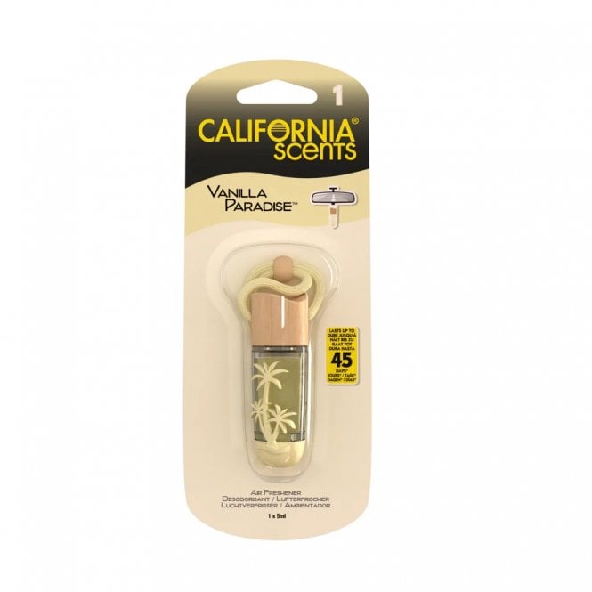 California Scents Hanging Glass Vial Bottle Air Freshener Vanilla Paradise Yellow